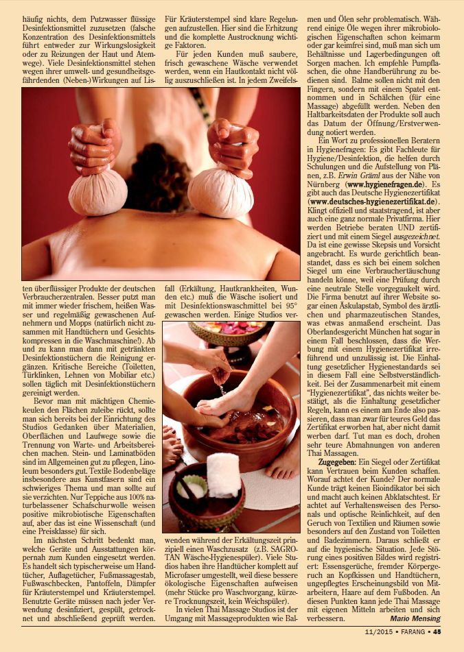 "Hygiene in der Thai Massage" (Fachartikel FARANG)